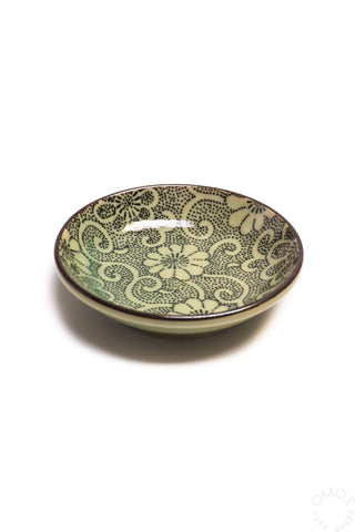 Indigo mum sauce dish, round ceramic bowl with green floral pattern