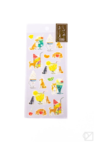 Shiba Inu ice cream themed sticker sheet with multiple yellow, orange, and pink designs