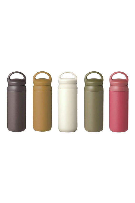 KINTO 500ml tumblers in dark gray, yellow, white, khaki, and pink