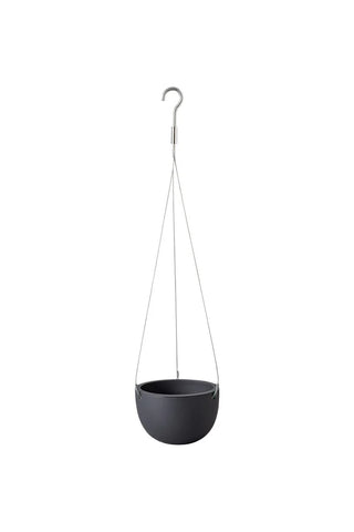 Hanging plant pot with slim wire loop and cradle-style pot, dark finish