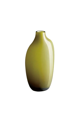 Olive green glass vase with narrow neck and rounded body, glossy finish