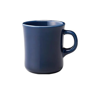Navy ceramic diner coffee mug with rounded handle and wide rim