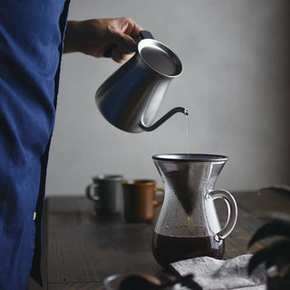 Two-cup coffee carafe set: metal spout pour kettle and glass carafe with handle