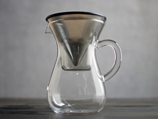 Clear glass coffee carafe with stainless pour cone and side handle