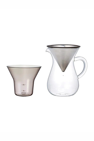 Stainless pour-over coffee carafe with cone dripper and measuring cup