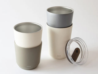 KINTO TO GO 240 ml tumblers in khaki and white with clear lid and plug