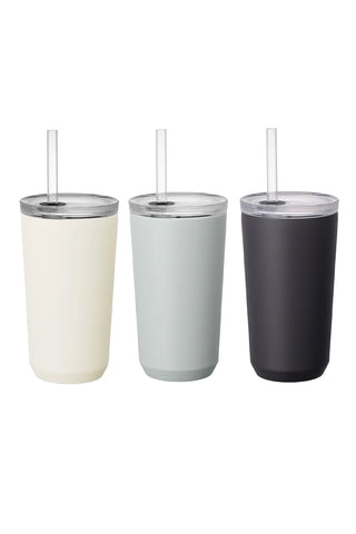 Three insulated 480 ml tumblers with straws in white, ice gray, and black