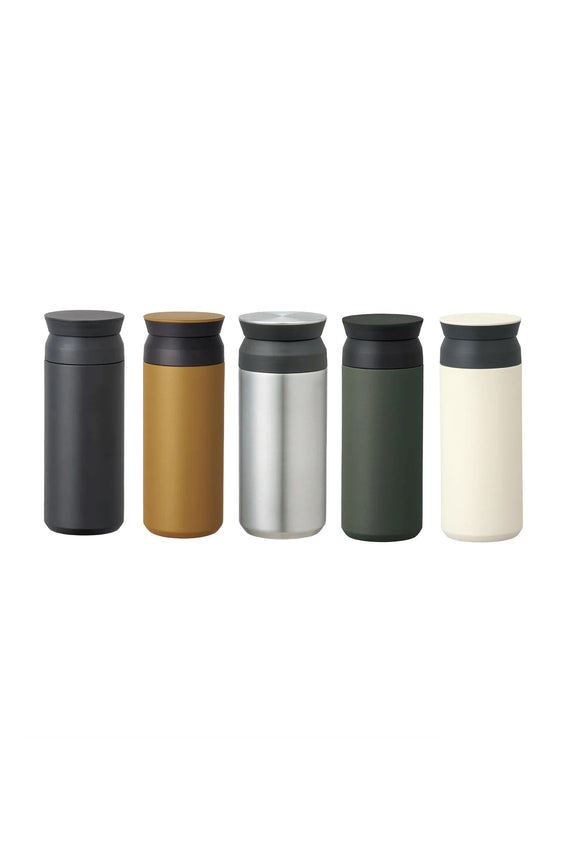 Assorted KINTO 500ml travel tumblers in five colors: black, beige, silver, green, white