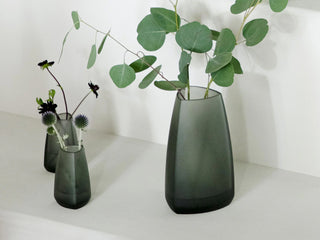 KINTO TRE smoke glass vase with wide base and flared mouth, holding leafy stems.