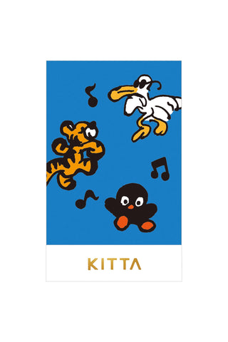 Blue stamp-style washi tape featuring dancing cats and dogs, with KITTA label at bottom