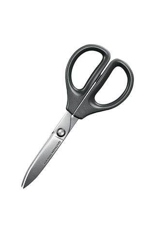Black nonstick scissors with rounded loop handles and pointed stainless blades