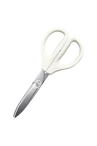 White nonstick scissors with rounded loop handles and pointed stainless blades