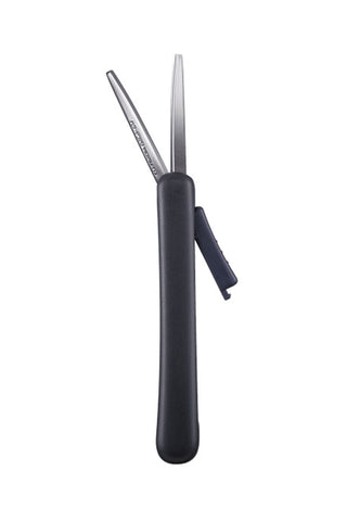 Compact black-handled scissors with stainless steel blades