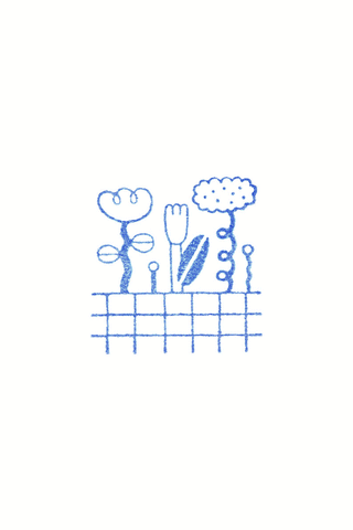 Clear stamp design: flowers, watering can, and fence grid in blue