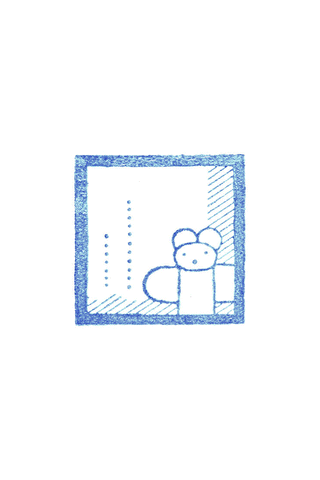Large clear stamp image: blue bear on window sill with dotted curtains and frame