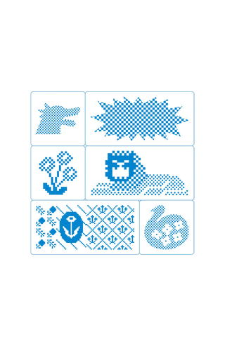 Transparent clear stamps with blue dot pixel icons and border patterns