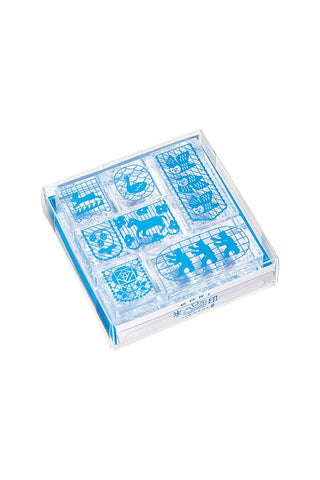 KORI JIRUSHI clear stamp set in plastic case, blue flag-themed designs