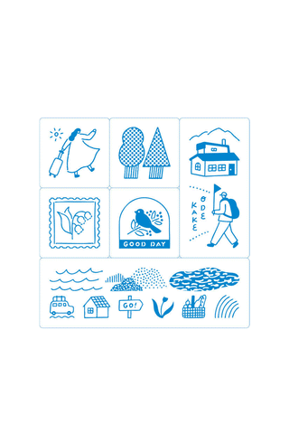 Clear photo stamp set sheet with blue icons: plane, suitcase, waves, buildings