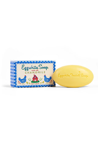 Eggwhite chamomile facial soap bar with blue wrapper and yellow soap bar