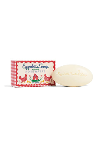 Off-white eggwhite facial soap bar with red striped wrapper