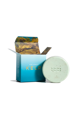 Kelp soap bar: round pale green soap disc with turquoise box