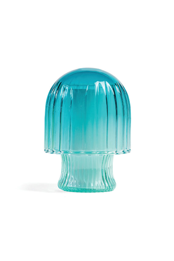 Turquoise ribbed glass cloche candle holder with dome top and round base