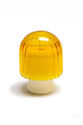 Yellow glass mushroom candle cloche with white base