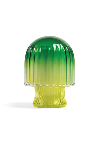 Green glass mushroom-shaped candle cloche with ribbed dome and pedestal base