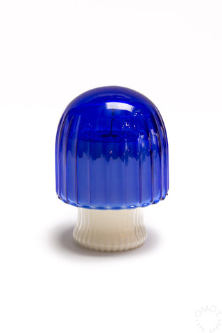 Blue glass mushroom candle cloche with white ribbed base
