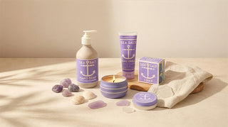 Lavender sea salt hand soap pump bottle with purple label on beige bottle