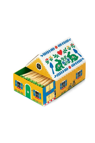Yellow matchbox cottage house with floral roof print and blue window panels