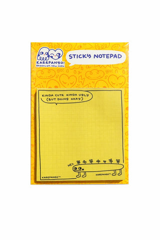 Karepango sticky notepad with yellow cover, cartoon faces, and sticky note pages