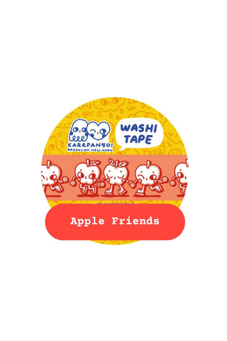 Colorful washi tape roll label with cartoon people and 'Apple Friends' text
