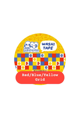 Colorful grid washi tape in red, blue, and yellow, decorative tape roll