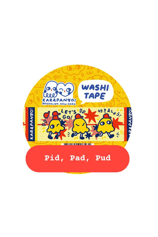 Washi tape roll with yellow backing, cute characters, and “Pid, Pad, Pud” text panel
