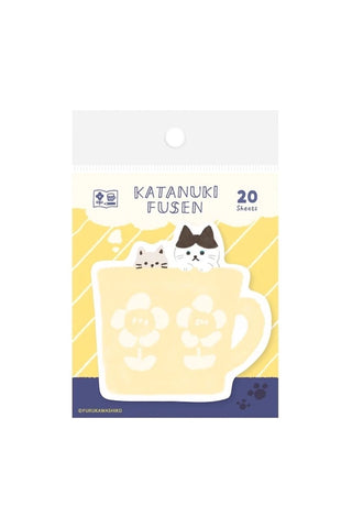 Katanuki Fusen sticky notes kit with kitten duo on cup-shaped yellow notes, 20 sheets