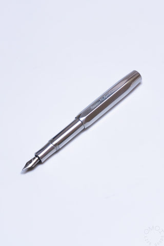 Kaweco AL Sport fountain pen, raw aluminum finish with steel nib tip facing down