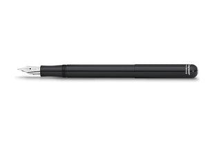Black fountain pen with medium nib and slim barrel, side angle