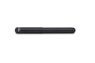 Black fountain pen, side profile with clip and ribbed grip