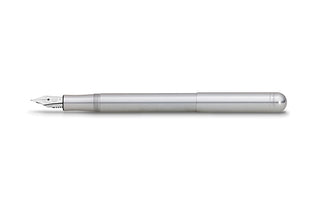 Liliput fountain pen, silver aluminum body with visible medium nib and feed