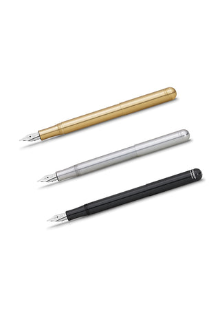 Fountain pen set in brass, silver, and black aluminum with medium nibs