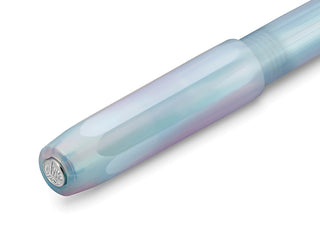 Iridescent pearl rollerball pen refill end, translucent light-blue barrel
