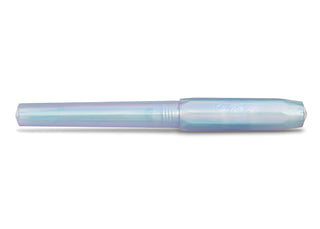Iridescent pearl rollerball pen cap end, light-blue translucent barrel