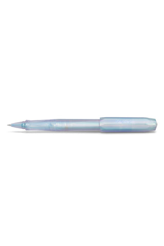 Iridescent pearl rollerball pen side view, light-blue translucent barrel