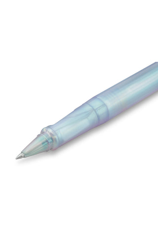 Iridescent pearl rollerball pen with pointed tip, light-blue translucent barrel