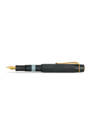 Black Kaweco fountain pen with gold nib, gold trim, and teal center band