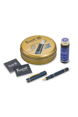 Kaweco navy fountain pen set with ink bottle and gold-toned storage tin