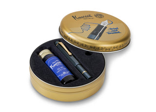 Kaweco fountain pen set in gold tin with ink bottle and pen rest