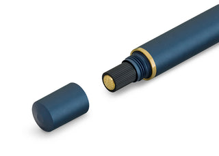 Navy Kaweco fountain pen with cap piece removed and gold end ring