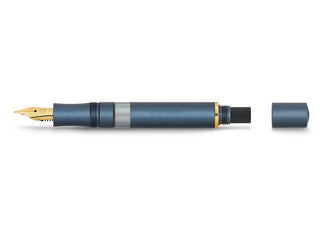 Navy Kaweco fountain pen with cap removed, nib and grip visible